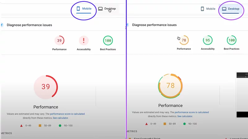 apple pagespeed insights results mobile and desktop