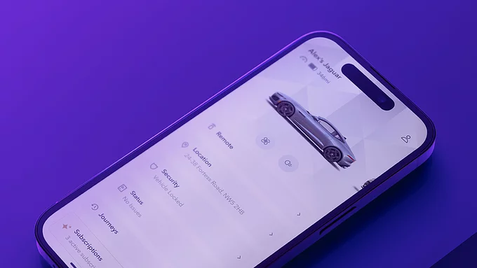 Smartphone displaying a car control app interface on a purple background.