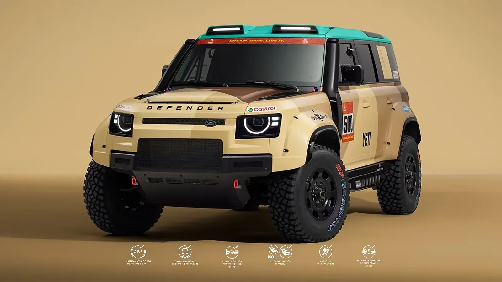 Vista frontal de tres cuartos de un Defender Dakar con decoración desértica que se muestra en una pantalla.