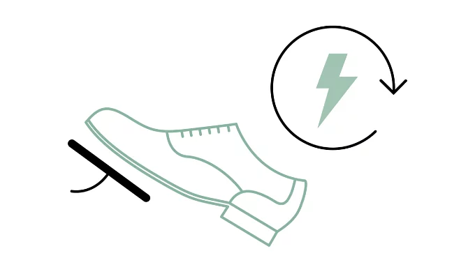 An illustration of a shoe pressing a pedal, accompanied by a circular arrow and a lightning bolt symbol suggesting energy regeneration.