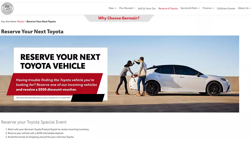 Toyota reservation page