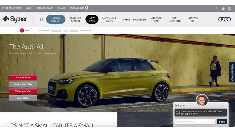 Audi dealer’s website, complete with a chatbot and contact prompt