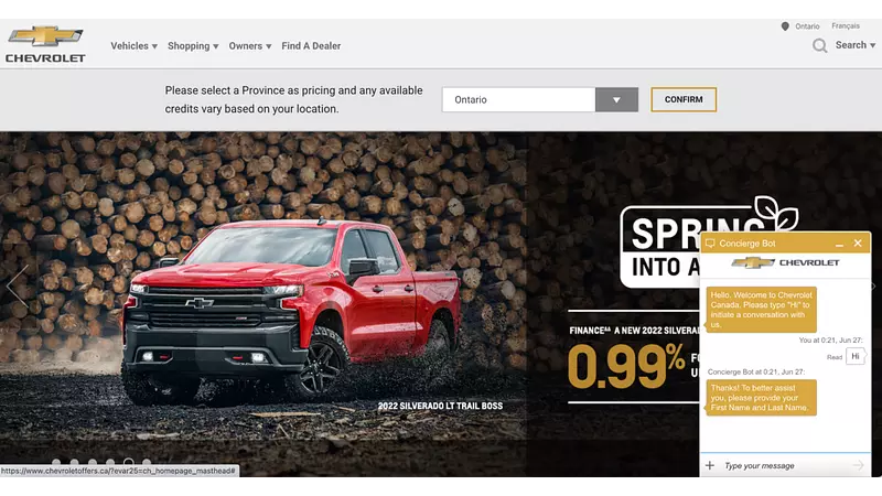 Chevrolet offers chat support
