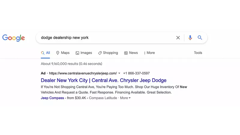 targeted ad for a Dodge dealership in Google search